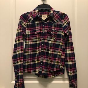 Hollister Flannel Blue/Pink Plaid Snap Top XS